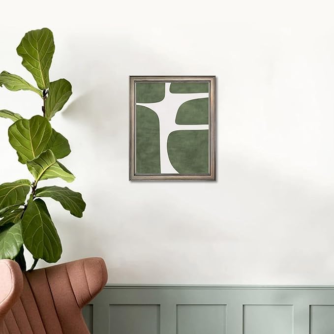 Vintage Framed Green and White Abstract Wall Art Mid Century Minimalist Contemporary Painting for Room Decor