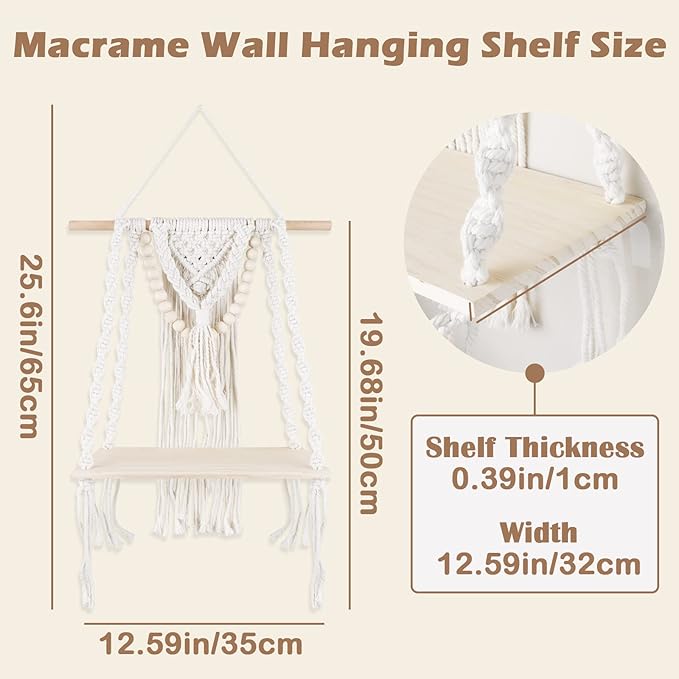 Macrame Wall Hanging Shelf Tier 1, Handmade Woven Boho Shelf Decor Macrame Wall Decor, Floating Hanging Plant Shelf Storage Organizer for Bathroom Bedroom Nursery