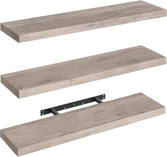 RALGEND Floating Shelves for Wall, 1.5" Thick Wall Shelf Set of 3 with Invisible Brackets, L31.5 x W7.9 Hanging Book Shelves Farmhouse Home Decor for Bathroom, Living Room, Bedroom, Greige 8301BJP3BG
