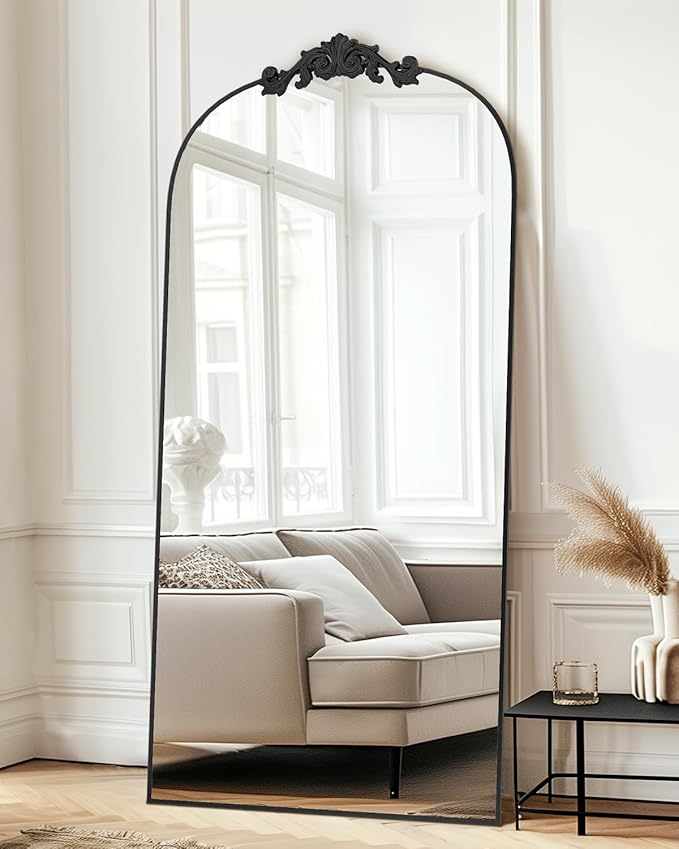 Vintage Full Length Mirror,78"x38" Arched Antique Floor Mirror with Carved Metal Frame,Large Standing Wall Mounted or Leaning Mirror for Bedroom Living Room Entryway,Black