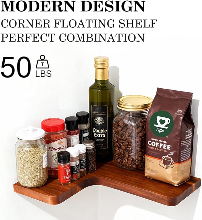 Floating Corner Shelves, Wall Shelf Set of 3, Shelves for Wall Storage, Solid Wood Shelves for Storage, Wall Mount Wooden Display Shelf for Bathroom Bedroom Kitchen Garage (Acacia, 3pcs)