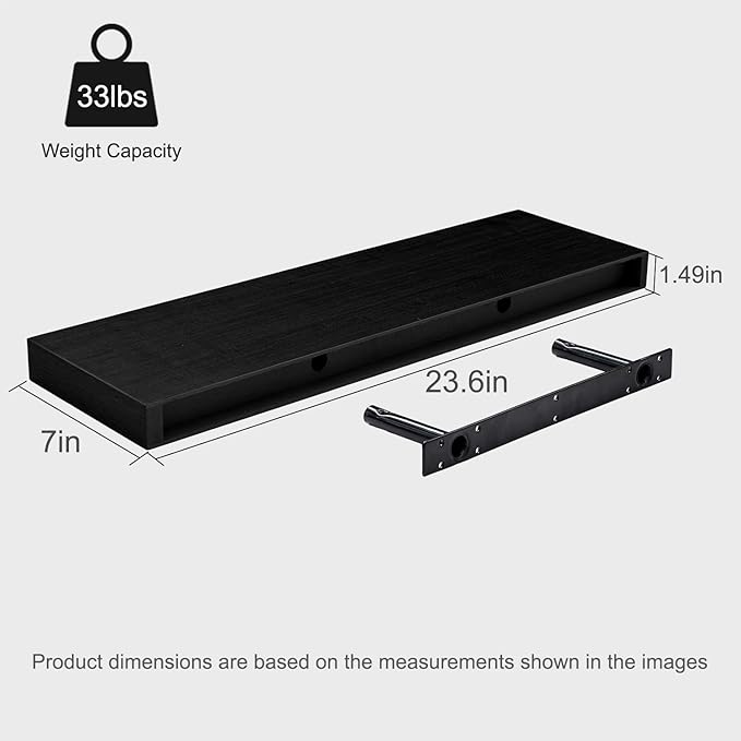 Floating Shelves for Wall, 24" Wall Mounted Shelves, Industrial Minimal Decor & Storage for Bathroom, Home Office, Living Room, Study, with Invisible Brackets, Set of 2, Black