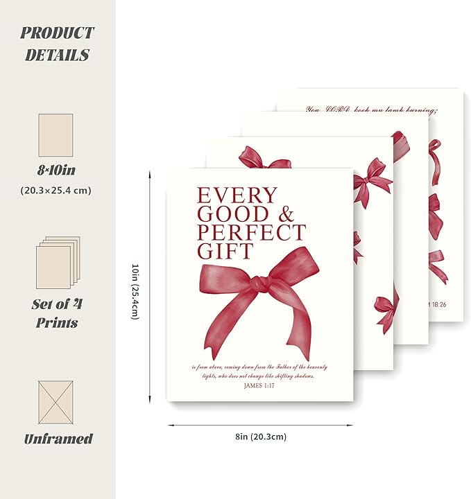LARTSFRO Coquette Red Bow Wall Art Decor Posters, Red Bow Christian Room Bedroom Bathroom Dorm Wall Art Decor Aesthetic for College Teen Girls Gifts, Inspirational Bible Verses Bow Wall Decor, 10x8 Inch Set of 4 Pcs Bow Pictures (UNFRAMED)