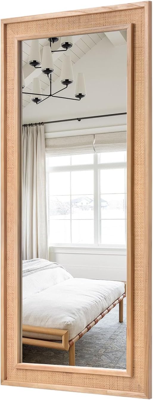 Rattan Full Length Mirror, 20"x55" Decorative Long Rattan Floor Mirror, Rectangle Wooden Full Body Mirror with Wicker Frame Hanging for Bathroom Living Dressing Room