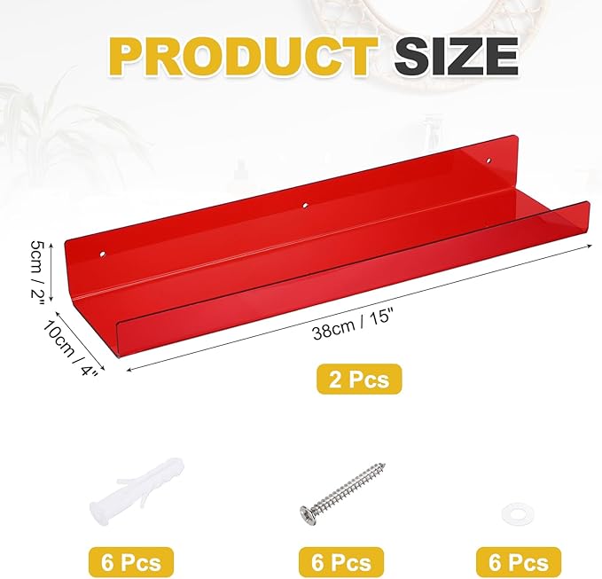MECCANIXITY 2 Pack Acrylic Shelves for Wall, 15 Inch Red Floating Shelves Wall Mount Display Shelf Organizer for Bathroom, Bedroom, Living Room, Room Decor