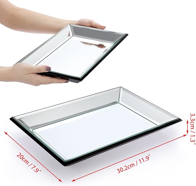 Hipiwe Glass Mirror Makeup Vanity Tray Black Rectangle Perfume Jewelry Trinket Organizer Coffee Table Centrepiece Decorative Dresser Bathroom Storage, 11.9x7.9 inch