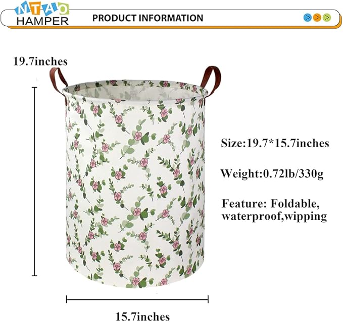 NTAOHAMPER Large Round Canvas Linen Laundry Hamper,Waterproof Storage Bin for Books/Clothes, Laundry Basket, Gift Basket(Eucalyptus leaves)