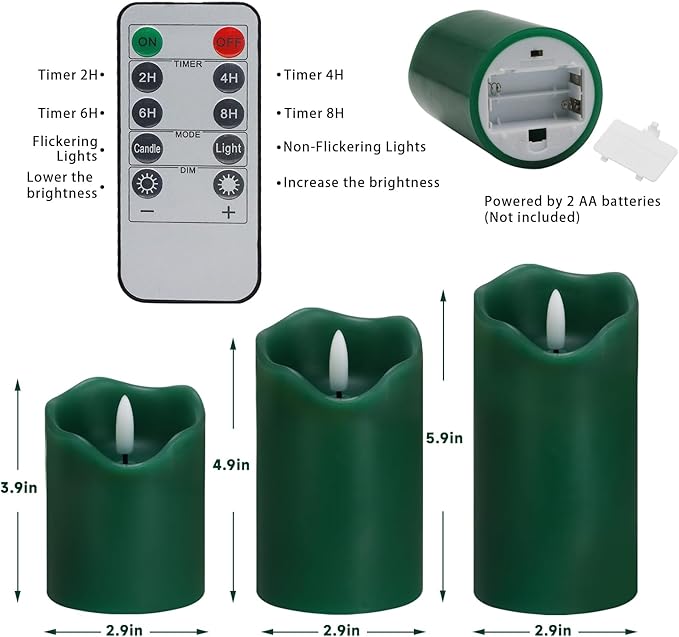 Flameless Candles Lights, Set of 3 Flickering LED Candles with Remote & Timer, Dimmable Electric Pillar Candles Battery Operated, Green Candles for Home St. Patrick’s Day Christmas Decor (Green)