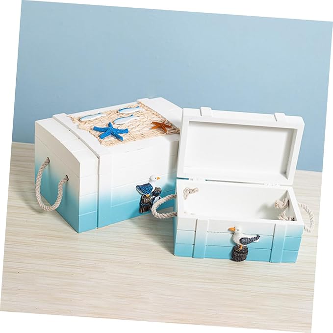 Alipis 2pcs Nautical Beach Jewelry Storage Boxes Wooden Keepsake Trunks Mediterranean Style Makeup Organizer Decorative Desktop Props for Home and Photography