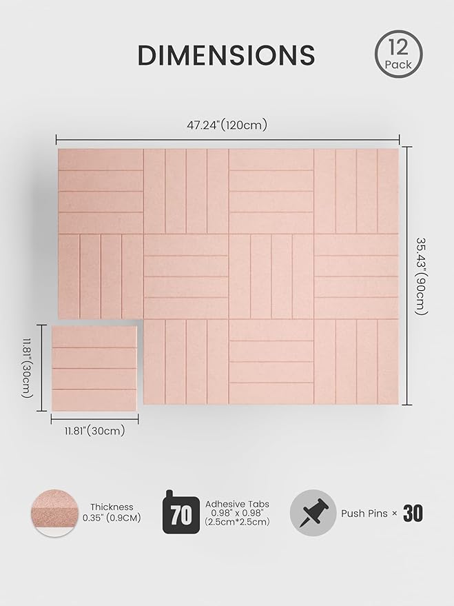 Bumusty Large Cork Board Alternative-48 x 36" Felt Bulletin Board Tiles, with 30 Pushpins, 70 Adhesive Tabs, Bold-Stripe 12-Pack, Cork Boards for Office Push Pin Board Felt Board-Pink