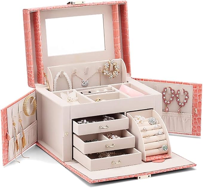 Jewellery Box Jewelry Case Jewelry Box Mirror 3 Drawers Jewelry Organizer Large Capacity Makeup Cosmetic Organizer Box Women Storage Ring Holder,