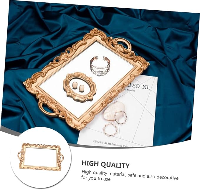 Vintage Golden Mirror Makeup Tray European Style Cosmetics Organizer for Perfume Storage Decorative Vanity Tray for Home Party and Dresser Display