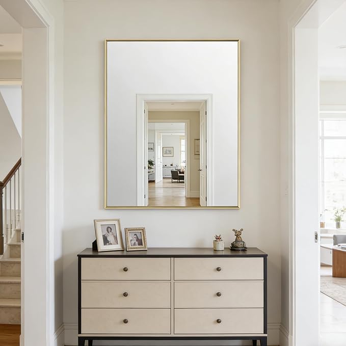 Bathroom Mirror for Wall, 30x40 Inch Metal Framed Mirror, Brushed Gold Rectangle Mirror, Bathroom Vanity Mirror Farmhouse, Tempered Glass, Anti-Rust, Hangs Horizontally or Vertically