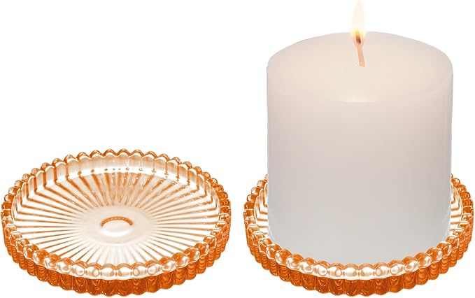 2 Pack Glass Pillar Candle Holders 4 Inch Ribbed Edge Design Decorative Candle Plate with Serrated Edges Clear Amber Display Stand for Wedding Home Decor Table Centerpieces
