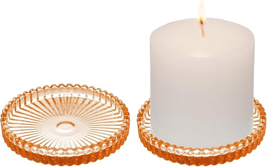 2 Pack Glass Pillar Candle Holders 4 Inch Ribbed Edge Design Decorative Candle Plate with Serrated Edges Clear Amber Display Stand for Wedding Home Decor Table Centerpieces