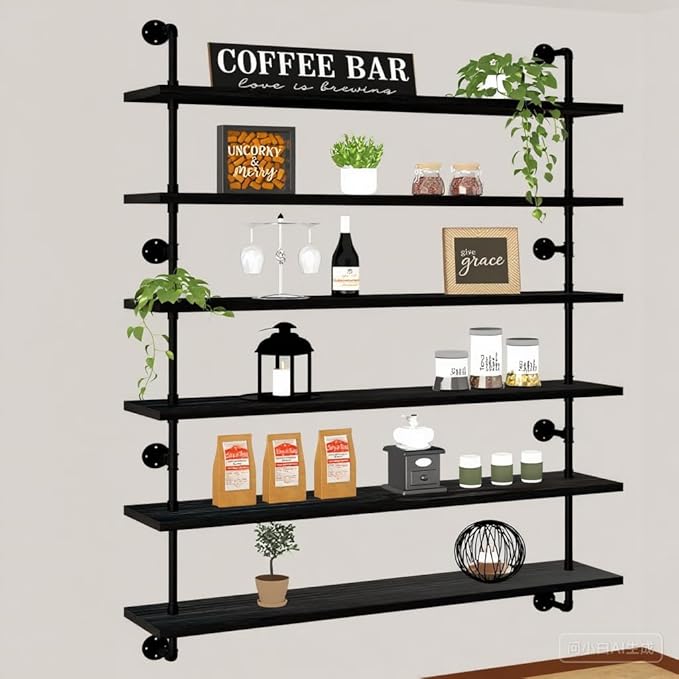 HDDFER 48 Inch Pipe Shelf Floating Shelves for Wall Shelves Bookshelf Industrial Pipe Shelving Real Wood Planks Rustic Hanging Shelves Farmhouse Kitchen Bar Shelving Black