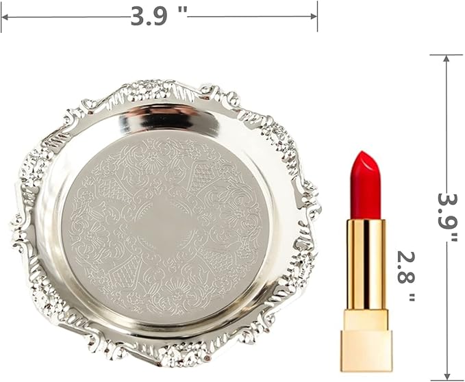 Round Storage Tray Necklace tray Jewelry Holder Organizer Dessert Plate Fruit DishRing Dish Organizer Holder Home Decor Wedding Gift for Perfume Candle Holiday Party (Silver, Mini)
