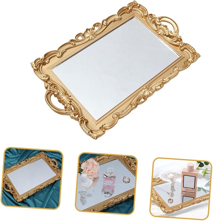 Vintage Mirror Tray for Perfume and Jewelry, Decorative Dressing Table Makeup Tray with Glass Mirror Plate, Elegant Dresser Organizer for Home Décor and Cosmetic Display