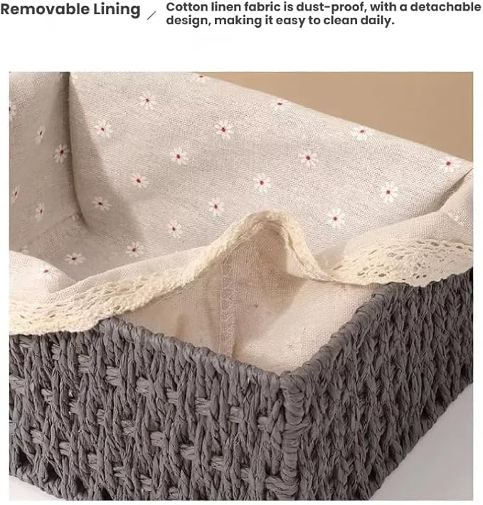 Wicker Baskets for Organizing,Natural Paper Rope Large Small Basket Set with Liner,Hand Woven Pantry Organizer & Storage for Women Girls Bathroom Living Room School Desk Shelves Décor(3 Pack Grey)