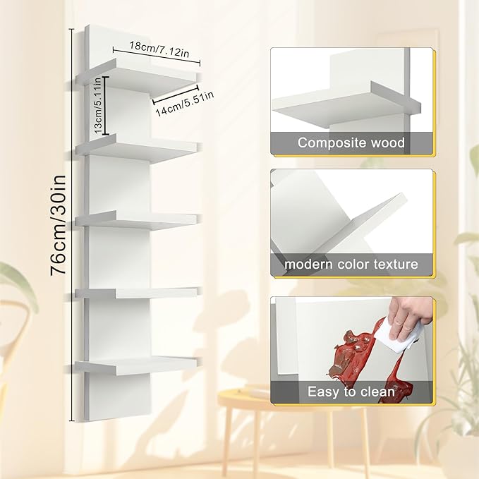5 Tier Wall Shelf Unit - Narrow Smooth Laminate Finish - Vertical Column Wall Decor Mount Floating Storage Home Decor Organizer Tall Tower Utility Shelf for Bedrooms, Living Rooms(White)