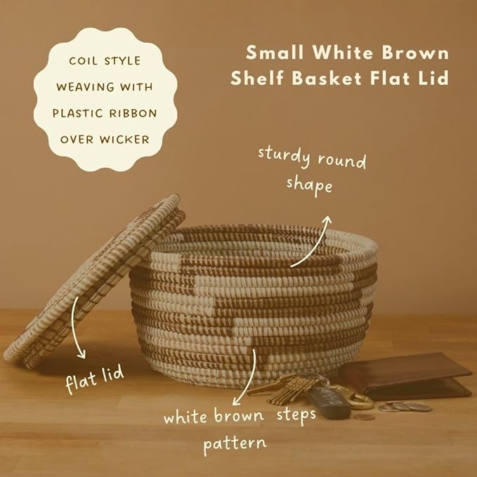 Small Wicker Basket for Keys, Brown Pattern on White, Flat Lid, 10 Inch Wide