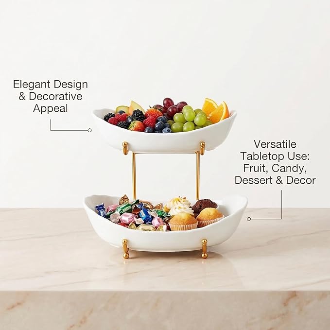 2-Tier Ceramic Fruit Basket, Decorative Tiered Stand for Kitchen Countertop, Fruit and Vegetable Storage Organizer, for Home Decor (White and Gold)