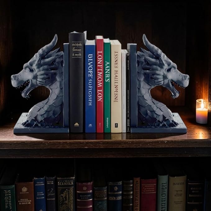 Dragon Bookends Set of 2 - Light Weight - Fantasy Dragon Book Ends for Shelves, Gothic Dragon Bookshelf Decor, Decorative Bookends for Home Office, Book Organizer for Fantasy Lovers