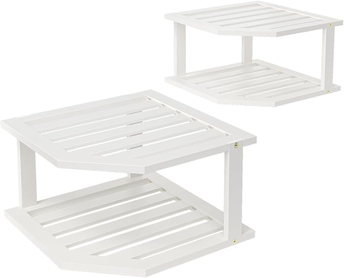 VERTORGAN Bamboo Corner Shelf(2 Pack),2 Tier Plate Organizer for Cabinet and Countertop,Pantry Dish and Spice Rack for Kitchen(White)