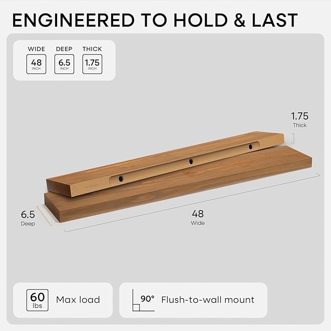 Homeforia 48 inch Golden Oak Floating Shelf, High End Solid Real Wood 48inch Small Floating Shelves for Wall Mounted, Oak Wooden 48in Floating Shelves, Heavy Duty Bracket, 48 X 6.5 X 1.75 in, Set of 3
