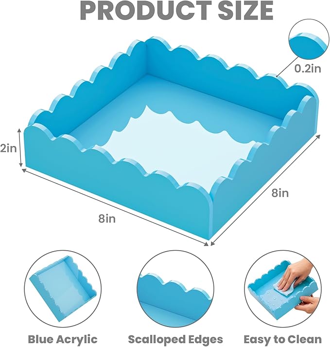 Scalloped Acrylic Tray, Glossy Blue Acrylic Decorative Tray for Home Decor, 8x8 Inch Acrylic Organizer Tray for Bathroom Vanity Countertop Square Acrylic Display Tray for Jewelry (Square Blue)