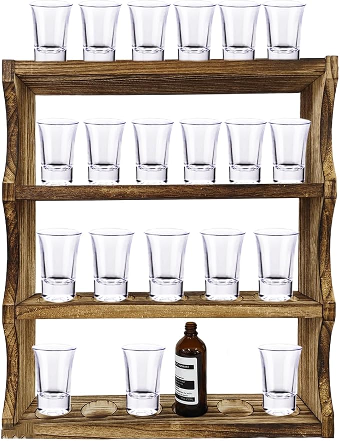 Wood Shot Glass Display Case Shot Glasses Holder for wall shot glass display Bar Collection Stand Collection Display Rack (Carbon)