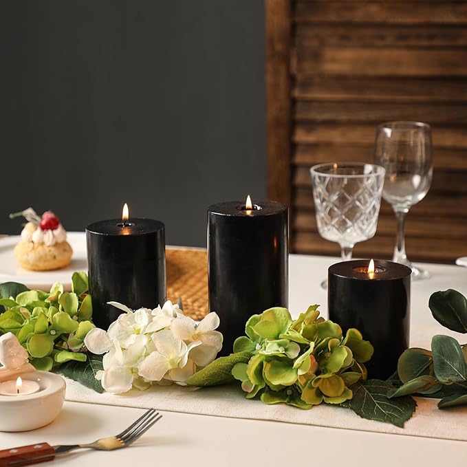 Black Pillar Candles Set of 3, Black Candles for Punk Decorations, Width 3" High 4" 5" 6" Unscented Smokeless Soy Wax Candle, Suitable for Gothic, Industrial, Minimalist and Dark Style Candle