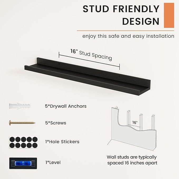 FLYJOE Picture Ledge Shelf, Floating Shelves Set of 2, 30 Inches Nursery Book Shelves for Toys Storage, Kids Bookshelf Wall Mounted for Living Room Bedroom Decor Books Photo Frames, Black