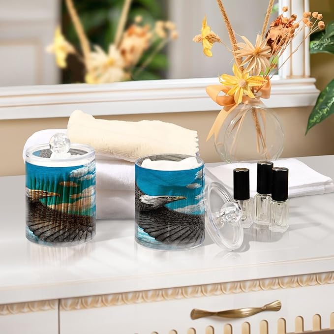 2 Pack Apothecary Jars,Bald Eagle Sky Bathroom Vanity Storage Organizer Set,Small Clear Plastic Storage Jars Bathroom Canister for Cotton Swabs,Rounds,Balls,Qtips,Makeup Sponges