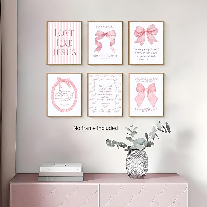 3 Piece Pink Bows Wall Art for Girls Room, Bible Verse Pictures Bathroom Decor, Coquette Posters Prints, Cute Teen Room Decoration, Dorm Decor for College, College Gifts for Girls 8x10 Inch