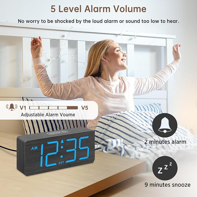 DreamSky Wooden Digital Alarm Clock for Bedroom - Desk Clocks for Living Room with Large Numbers, Dimmer, Loud Alarm for Heavy Sleepers with Volume Control, DST, Office Wood Decor (Plug in Clock)