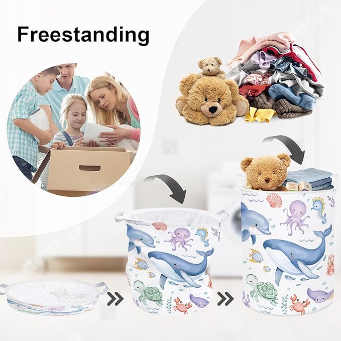 Sea Animals Laundry Hamper Ocean Fish Coral Large Storage Basket Parents Organizer Kids Clothes Toy Bins for Bedroom, Bathroom, Blue Whales, 63L