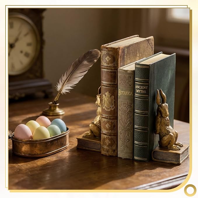 Kathfly Easter Bunny Bookends, Decorative Gold Rabbit Bookends for Shelves Vintage Resin Rabbit Book Ends, Cute Animal Bookend Supports for Home Office, Housewarming Gift, Set of 2