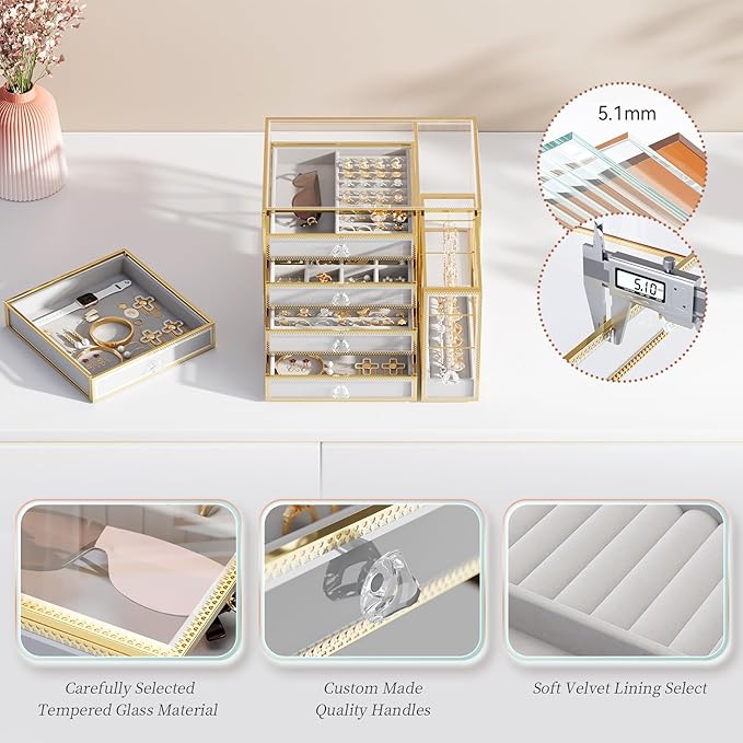 Youdepot Tempered Glass Makeup Organizer Countertop 5-Drawer Jewelry Box - Large Velvet-Lined - Multi-Functional jewelry organizer,Skincare Storage for Vanity and Bathroom Countertop
