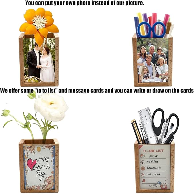 Solid Wood Pen Holder Photo Frame Wind Up Music Box for Desk, Multi Purpose Pencil Cup Makeup Brush Holders Organizers for Work and Study, Home, School, Office Desktop