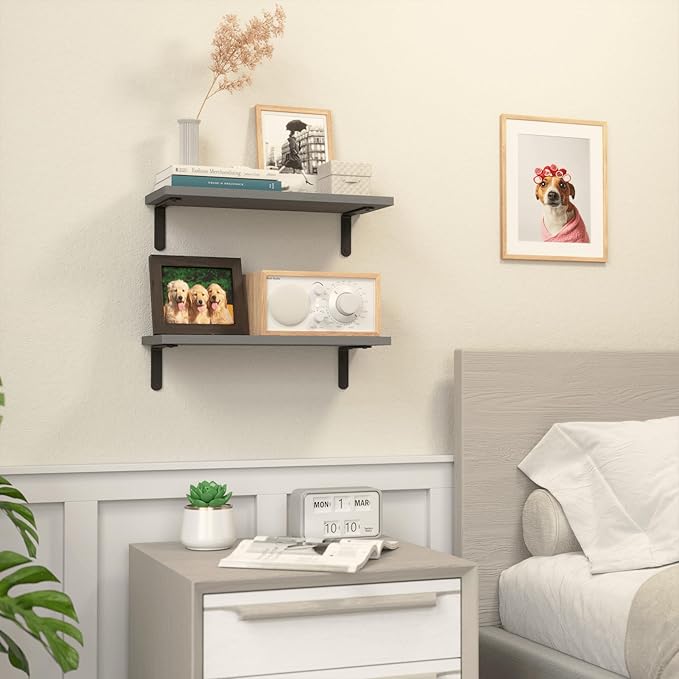 RICHER HOUSE Rustic Wood Bathroom Shelves Set of 2, Farmhouse Style Floating Shelf for Wall Décor, Hanging Shelves for Bedroom, Storage, Kitchen, Living Room - Grey