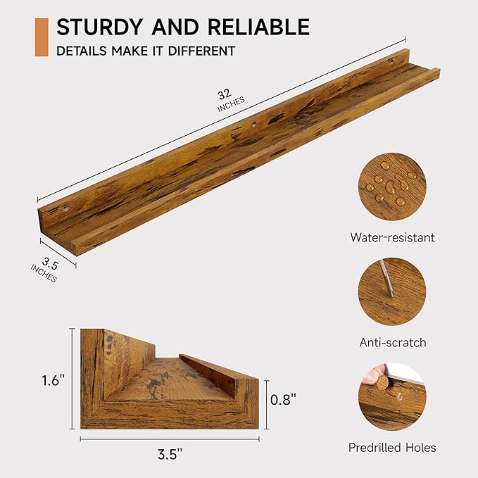 Fun Memories Picture Ledge Shelf, 40 Inch Floating Shelves Set of 2, Large Nursery Book Shelves for Toys Storage, Kids Bookshelf Wall Mounted for Wall Decor Books Photo Frames, Rustic Brown
