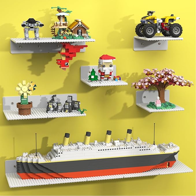 BlissBox 12-Pack Floating Shelves for Wall Compatible with Lego Building Bricks, 5x5.5inch Dual‑Sided 16x17 Studs for Toy Brick Storage and Display, ABS Display Shelves for Room Decor, White