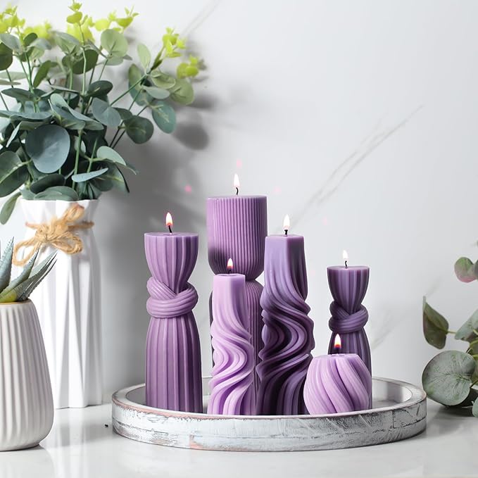 Threlaco 6 Pcs Pillar Candles Decorative Modern Aesthetic Ribbed Candle Set Cute Soy Wax Scented Ribbed Decor Commemorative Gift for Home Decoration(Purple, 2.36-6.89 Inch)
