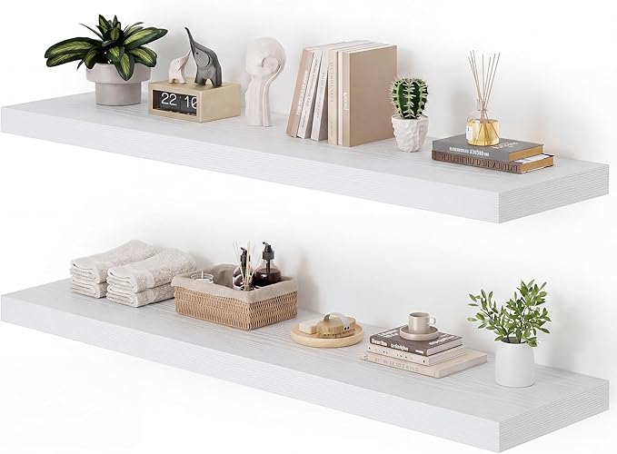 Heimlove 12 Inch Deep Floating Shelves, 55 x 12 inch Extra Long Floating Shelves for Wall Set of 2, Storage Shelf for Living Room Bedroom Kitchen Home, White