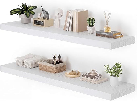 Heimlove 12 Inch Deep Floating Shelves, 55 x 12 inch Extra Long Floating Shelves for Wall Set of 2, Storage Shelf for Living Room Bedroom Kitchen Home, White