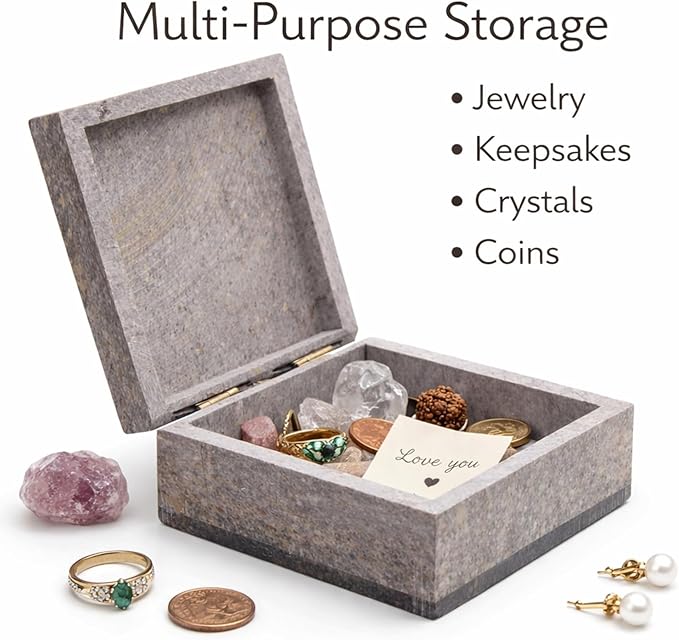 Hand Carved Marble Soapstone Square Shape Jewellery Box | Storage Organizer | Decorative Trinket Ornament Holder. (Multicolor, Length 4 Inch x Width 4 Inch x Height 2 Inch)