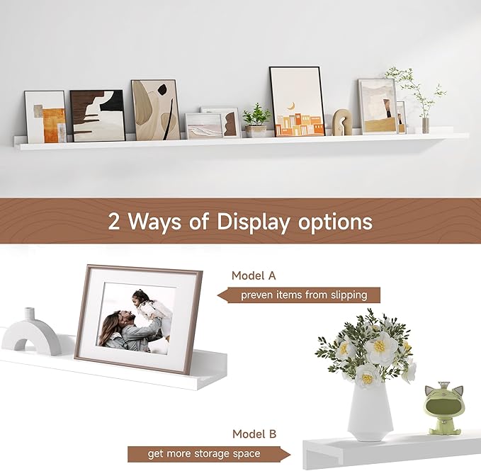 Fun Memories Picture Ledge Shelf, 60 Inch Floating Shelves Set of 2, Large Nursery Book Shelves for Toys Storage, Kids Bookshelf Wall Mounted for Wall Decor Books Photo Frames, White