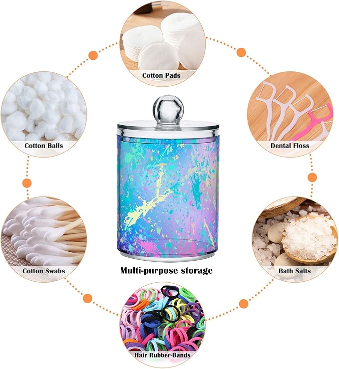 2 Pack Qtip Holder Dispenser for Cotton Ball Rainbow Grid Marble Cotton Swab Round Pads Clear Plastic Acrylic Jar Set Bathroom Canister