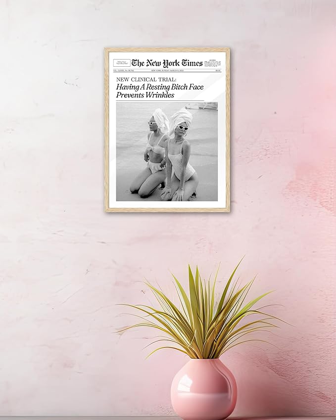 iHery Funny Having A Prevents Wrinkles Framed Trendy Hot Girls NewsPaper Wall Art, Natural OAK Wood 8x10in Canvas Wall Art,Retro Magazine Vintage Bar Cart Living Room Home Décor 1Pack